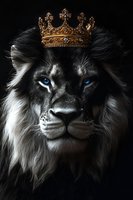 Majestic lion with piercing blue eyes wearing golden crown against dark background, dramatic lighting highlights regal mane and facial features.
