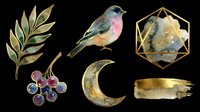 Watercolor celestial clipart set with bird, moon, berries, leaf, gem, and gold brush stroke, isolated on transparent background. Ready for stickers, t-shirt design, and print on demand.