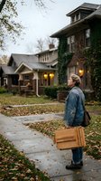 Young Caucasian male artist in denim jacket and beret stands on autumn sidewalk holding wooden easel, gazing at ivy-covered brick house on overcast day.