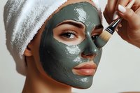 Young woman applying green clay facial mask with brush, wearing white towel on head. Close-up beauty treatment for skincare and spa procedures.