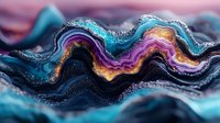 Colorful fluid art macro photography with wavy layers in turquoise, purple, gold and black. Abstract luxury marble texture with glitter effect for modern wall decor.