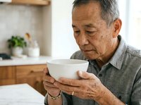 Senior Asian man holding white bowl in modern kitchen, looking down thoughtfully. Suitable for healthcare, wellness, nutrition, aging, and lifestyle content.