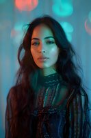 Young Asian woman with long dark hair in lace dress against blurred turquoise and coral bokeh background, dramatic neon lighting creates mysterious atmospheric portrait.