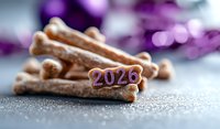 Dog treats and bones with 2023 number decoration on blurred purple bokeh background, selective focus on festive holiday pet food composition.