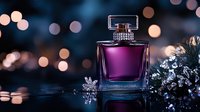 Purple luxury perfume bottle with bokeh lights and delicate white flowers on reflective surface against dark background creates elegant cosmetic composition.