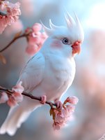White cockatoo perched on blooming cherry blossom branch against soft blue background, displaying raised crest feathers amidst delicate pink spring flowers.