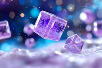 Magical purple crystal cubes floating in dreamy blue atmosphere with glowing bokeh lights and sparkles against mystical background. For fantasy designs.