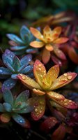 Colorful succulent plants with water droplets on leaves, showcasing vibrant orange, red, blue, and green hues in a garden setting.