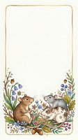 Adorable woodland mice family gathering among wildflowers and berries with golden border frame for greeting cards and nursery decor.