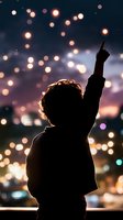 Silhouette of person pointing up against magical evening cityscape with blurred bokeh lights creating dreamy atmosphere. Captures hope, dreams and aspirations.