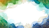 Elegant watercolor frame with golden line art florals in blue and green tones on white background for wedding invitations and luxury design projects.