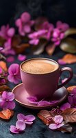 Hot chocolate in pink ceramic cup surrounded by purple flowers and autumn leaves on dark background. Cozy drink photography with steam and foam.