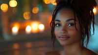 Young African American woman with dreadlocks hairstyle smiling confidently against blurred bokeh lights background in evening atmosphere, soft natural makeup and glowing skin.