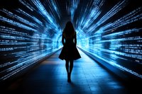 Young woman silhouette walking through digital tunnel with binary code and blue light effects, representing technology advancement and digital transformation.