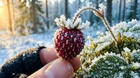 Ripe red berry covered in frost crystals held in hand against snowy forest backdrop, winter foraging and nature exploration.
