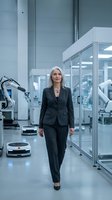 Mature woman with white hair wearing dark business suit walking through modern laboratory facility with robotic automation equipment and glass-walled workstations for corporate, technology, and industry concepts.
