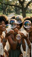 Happy African American women friends playing with soap bubbles in sunny park during summer day creating joyful memories together outdoors.