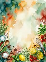 Watercolor cooking background with fresh ingredients, herbs, and kitchen utensils arranged on cream space for recipe content, culinary blogs, and food design projects.