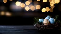 Speckled Easter eggs in rustic nest with pine branches against dark background illuminated by soft golden bokeh lights creating festive spring atmosphere.
