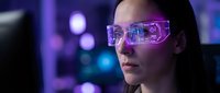 Young Asian woman wearing futuristic neon glasses with holographic display, surrounded by purple and blue digital lights. Suitable for technology, innovation, and digital transformation concepts.
