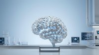 Artificial brain made of metallic spheres on stand in modern laboratory setting, representing artificial intelligence, neural networks, and advanced technology for scientific research and innovation projects.
