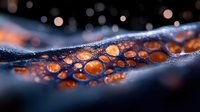 Glowing orange water drops on dark blue surface with bokeh background create mesmerizing macro photography art with dramatic lighting and reflection.