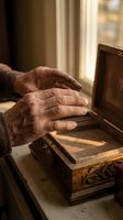 Elderly hands opening ornate wooden treasure chest in warm sunlight by window for memories and nostalgia concepts.