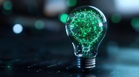 Glowing green neural network pattern inside light bulb on dark background with bokeh lights, representing artificial intelligence and innovation.