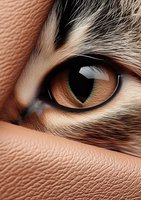Extreme close-up macro shot of feline eye showing detailed texture of fur, skin and amber-colored iris against dark pupil. Artistic pet photography.