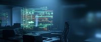 Modern cybersecurity command center with multiple monitors displaying data analytics and network security dashboards in dark blue ambient lighting.