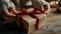 Female hands holding rustic gift box wrapped in burlap with red ribbon bow on wooden table. Warm holiday atmosphere with soft bokeh lights.