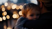 Young child resting head on parent's shoulder with soft bokeh lights creating magical evening atmosphere, tender moment of comfort and connection.