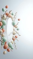 Pastel colored Easter eggs in mint green, coral pink and cream floating around pussy willow branches on neutral background for spring holiday decorations.