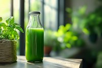 Fresh green smoothie in glass bottle with natural sunlight and potted herbs, healthy detox drink for wellness and clean eating lifestyle.