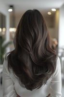 Woman with long layered brown hair viewed from behind in modern salon interior showcasing voluminous wavy hairstyle and professional hair styling results.