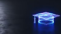 Digital graduation cap made of glowing blue particles on dark background symbolizing online education and academic achievement in modern learning.