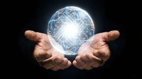 Hands holding glowing digital globe with network connections and bright light center on dark background for technology and innovation concepts.