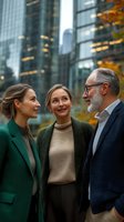 Business team of diverse professionals engaged in friendly conversation against modern office building backdrop with autumn foliage and city lights.
