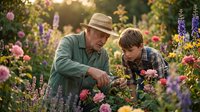 Grandfather and grandson gardening together in colorful flower garden during golden hour sunset, teaching child about plants and nature in backyard.