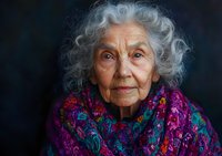 Elderly woman with silver curly hair wearing colorful knitted shawl smiling gently at camera. Dark atmospheric portrait showcasing wisdom and grace of aging. Authentic senior lifestyle.