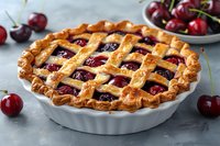 Fresh baked cherry pie with golden lattice crust in white ceramic baking dish, surrounded by ripe cherries on gray concrete background. Classic dessert.