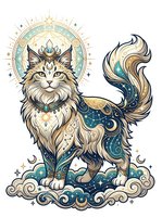 Majestic fluffy cat with celestial crown and ornate halo, featuring mystical gold and teal patterns, standing on decorative clouds with stars. Isolated clipart for design projects.