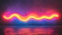 Glowing neon wave line reflects on wet surface against vibrant gradient background with pink and blue colors creating futuristic atmosphere.