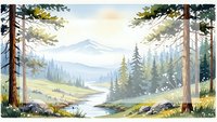 Watercolor mountain landscape with pine trees, river and meadow in soft natural colors for nature artwork and outdoor adventure designs.