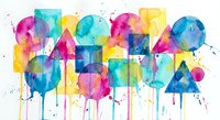 Vibrant watercolor geometric shapes with dripping paint effects in rainbow colors on white background for creative design projects.