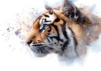 Majestic tiger head profile with watercolor splash effect on white background, showing detailed fur texture and intense gaze. Artistic wildlife illustration.