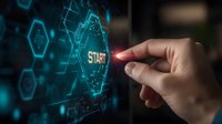 Person pointing finger at glowing START button on futuristic digital interface with hexagonal pattern and network connections in blue tones.