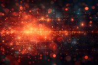 Abstract digital network with glowing orange and red bokeh lights against dark background, featuring interconnected grid lines and luminous particles in motion.