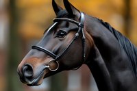 Dark bay horse head portrait with black leather bridle against blurred autumn background, showing noble expression and refined features in equestrian setting.