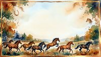 Watercolor frame with galloping horses in autumn landscape, golden border, copy space for text, rustic western style greeting card or invitation design.